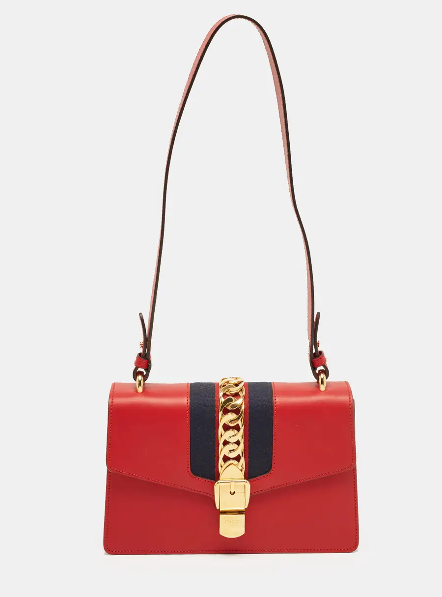Gucci Sylvie Web Small Red Leather Shoulder Bag
