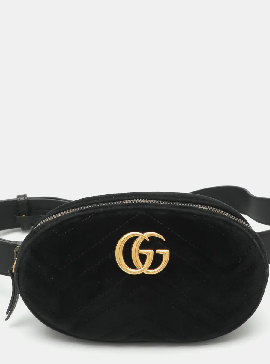 Gucci GG Marmont Mini Black Matelassé Leather and Velvet Belt Bag