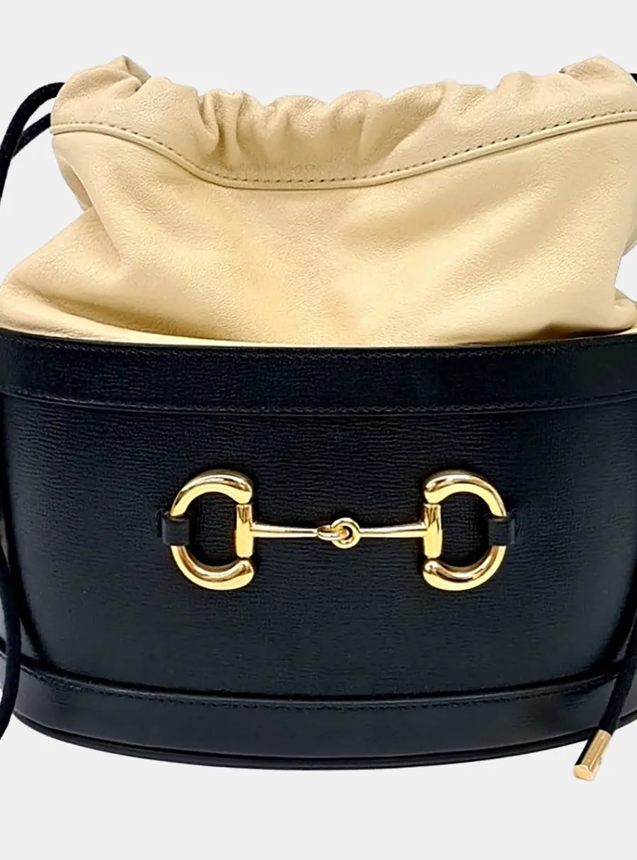 Gucci Beige Black Leather 1955 Horsebit Bucket Bag (602118)
