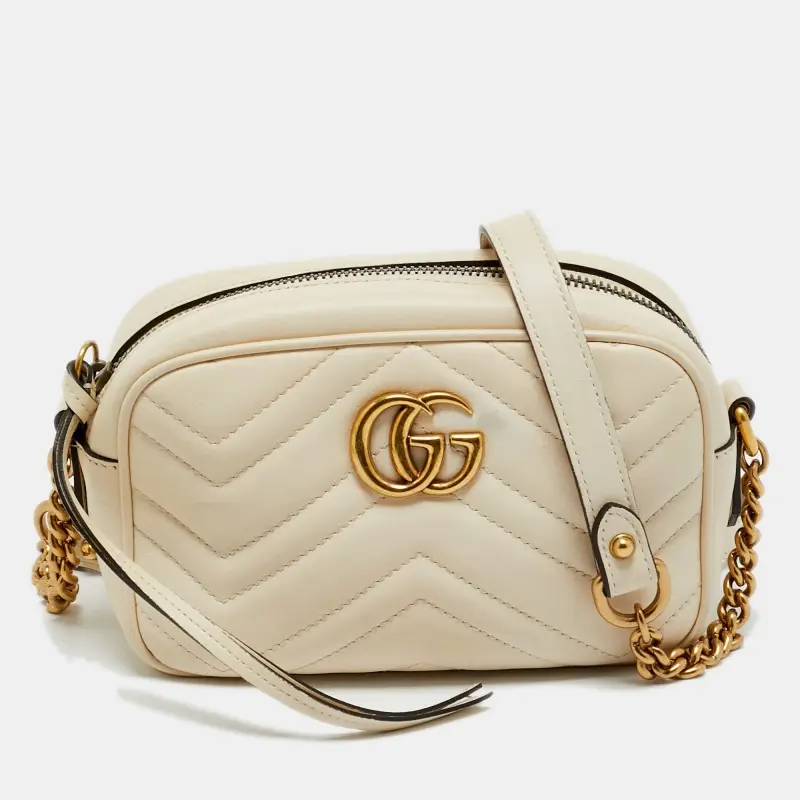 Gucci GG Marmont Mini Off White Matelassé Leather Camera Bag