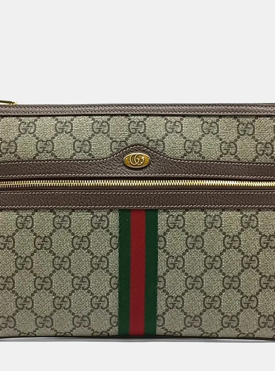 Gucci Ophidia Medium Beige Brown Coated Canvas Clutch Bag