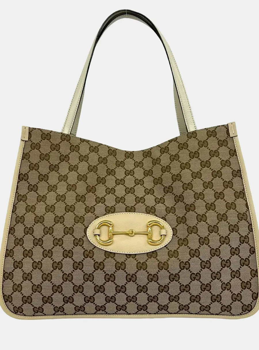 Gucci Horsebit 1955 Medium Beige Mystic White GG Canvas Leather Tote Bag