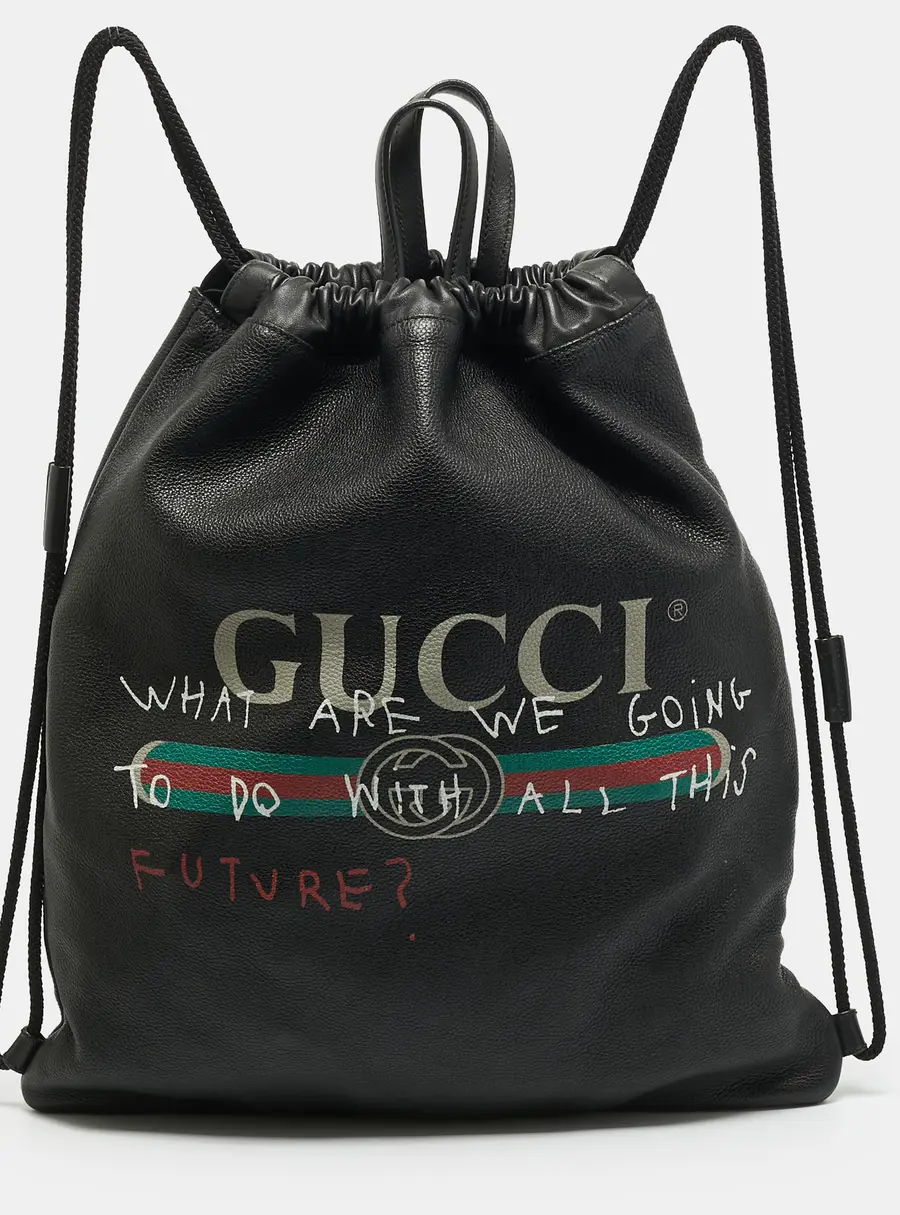 Gucci Coco Capitán Logo Black Leather Drawstring Backpack