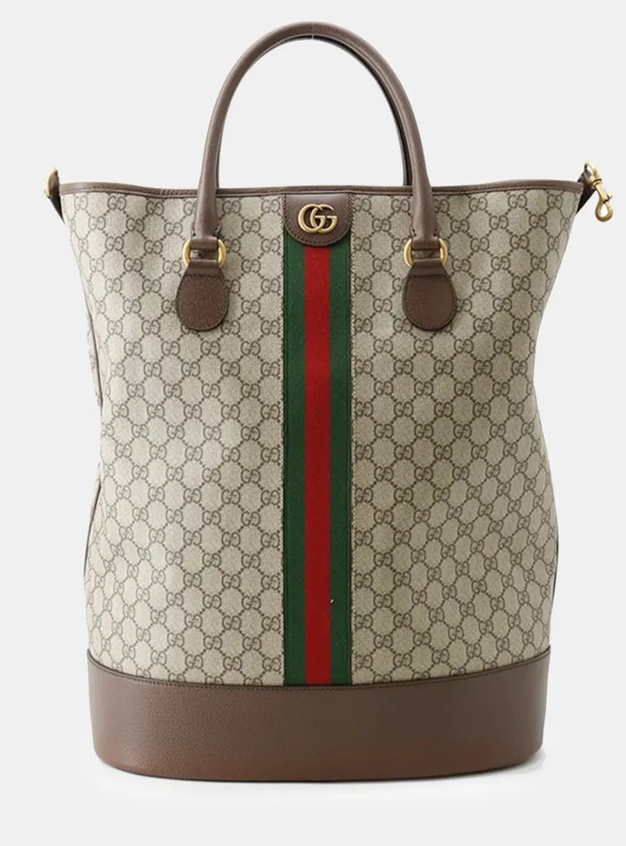 Gucci Ophidia Savoy Duffle Bag Beige GG Supreme Canvas Brown Leather Top Handle Bag