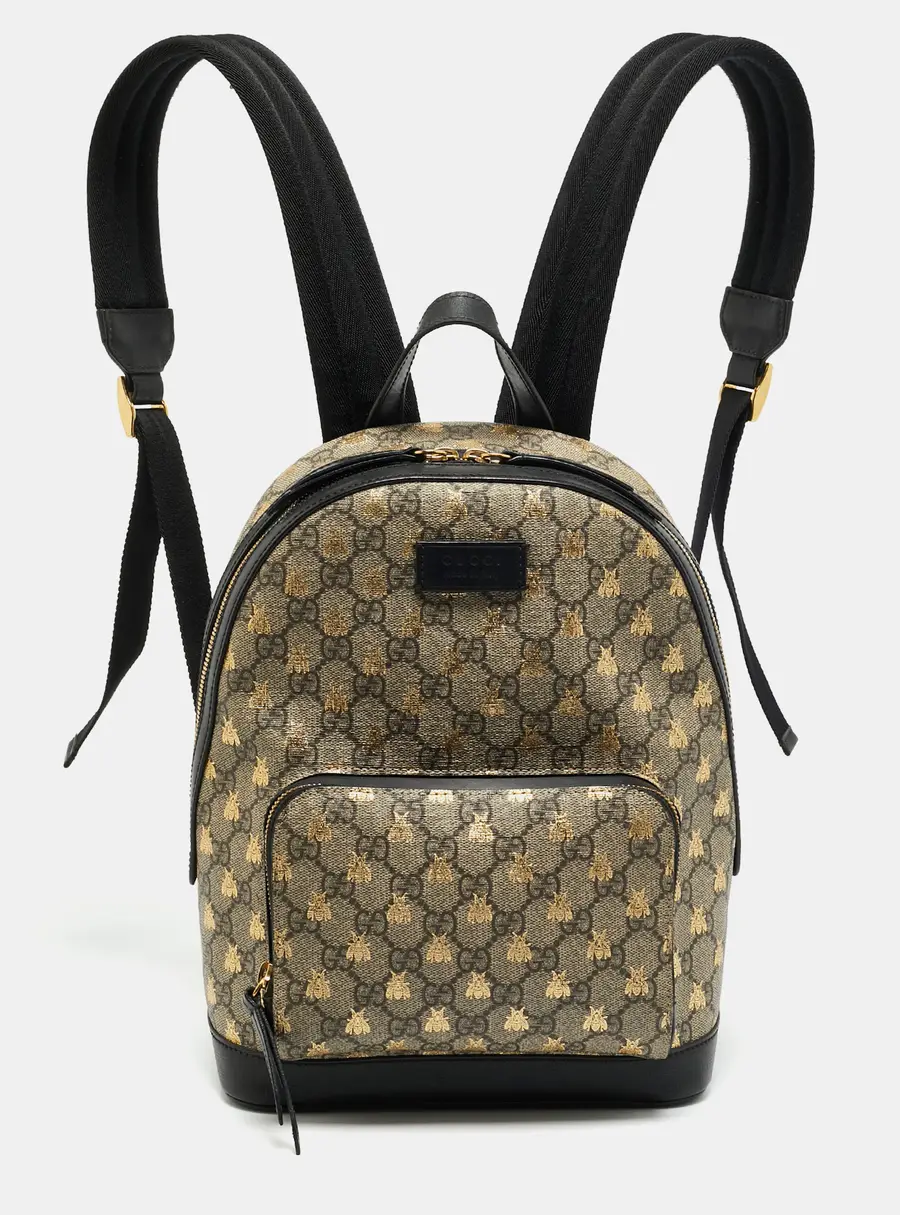 Gucci Day Bees Small Black/Beige GG Supreme Canvas and Leather Backpack