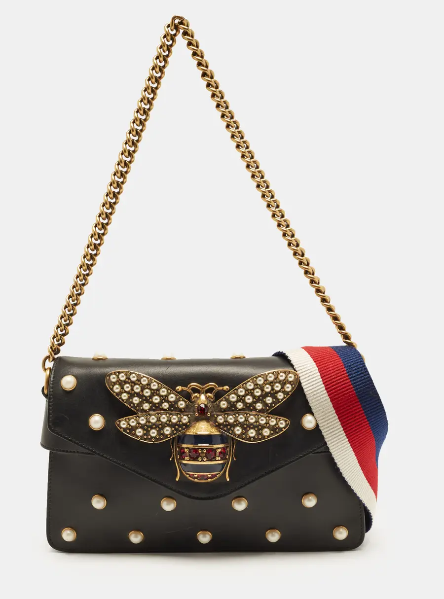 Gucci Queen Margaret Broadway Pearl Studded Mini Black Leather Shoulder Bag
