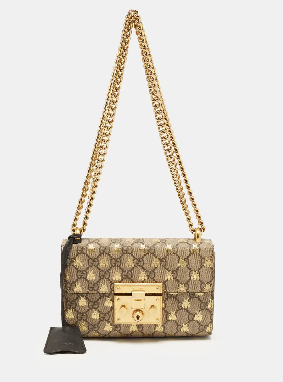 Gucci Black/Beige Padlock Small GG Supreme Bee Canvas and Leather Shoulder Bag