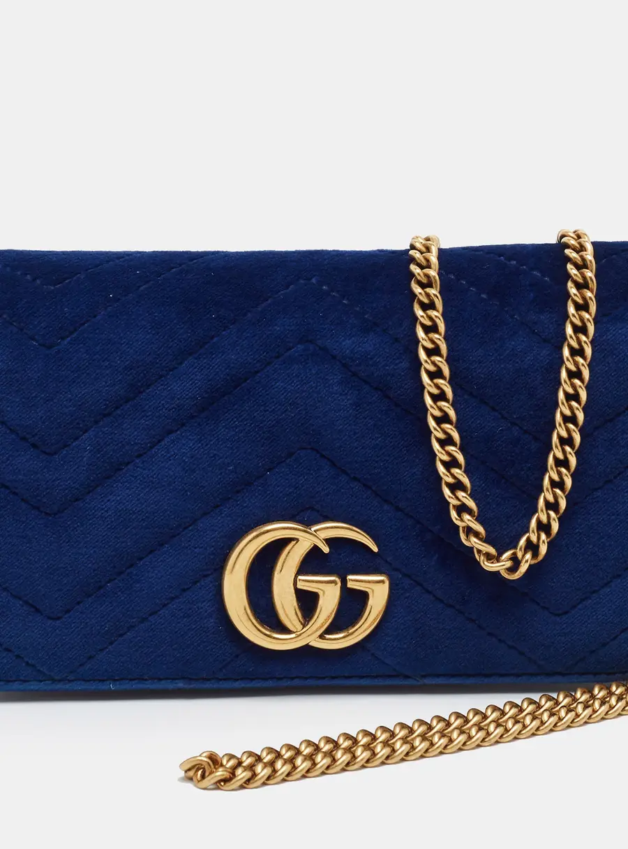 Gucci GG Marmont Blue Matelasse Velvet Wallet on chain
