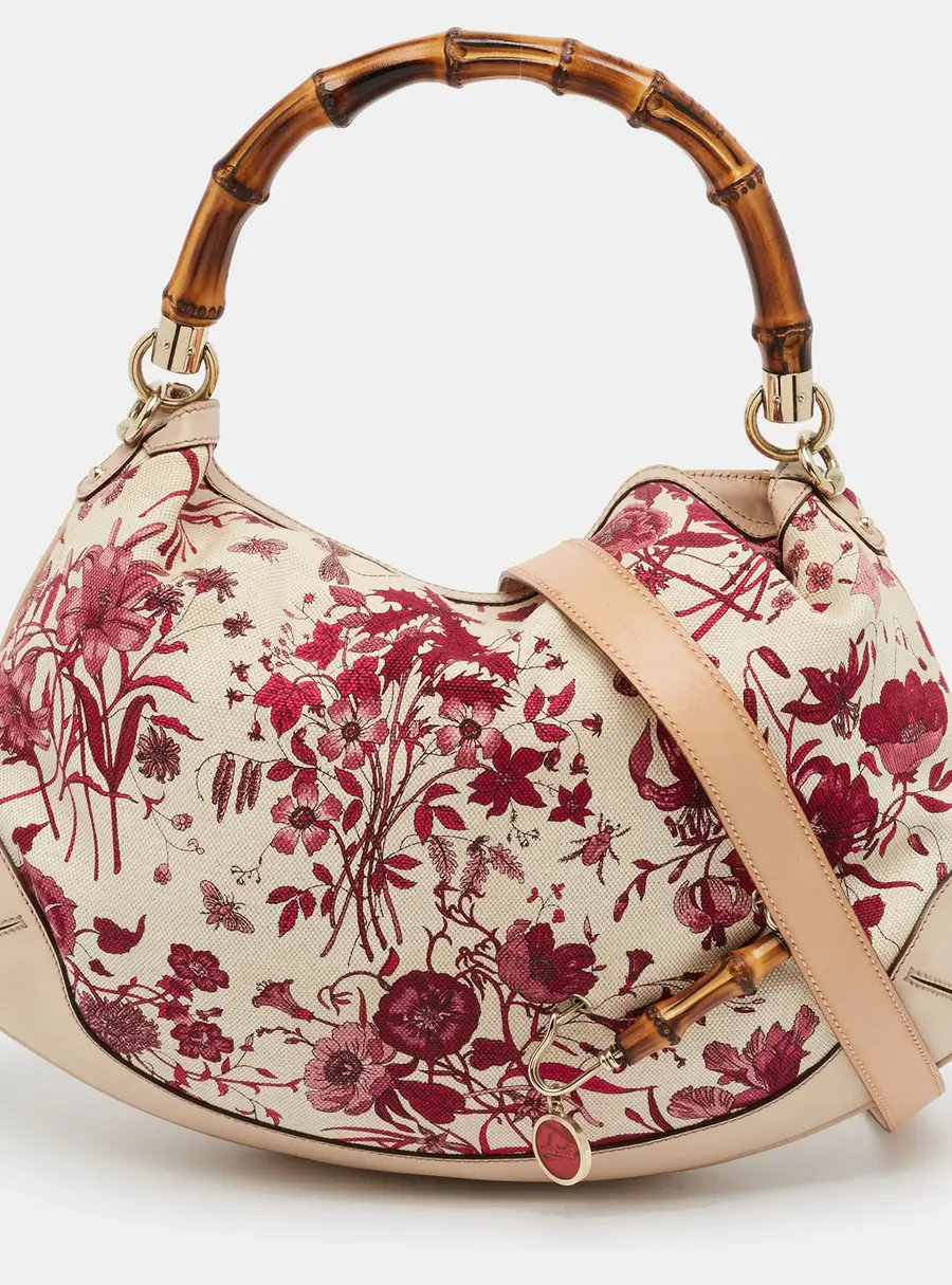 Gucci Peggy Bamboo Handle Pink/Beige Floral Canvas and Leather Hobo