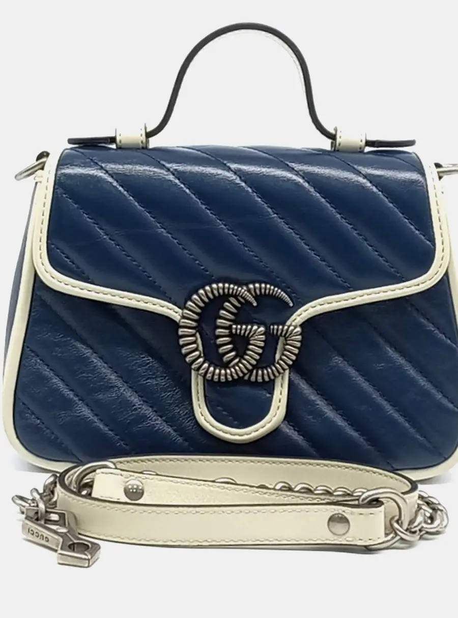 Gucci Blue White Leather GG Marmont Mini Top Handle Bag (583571)