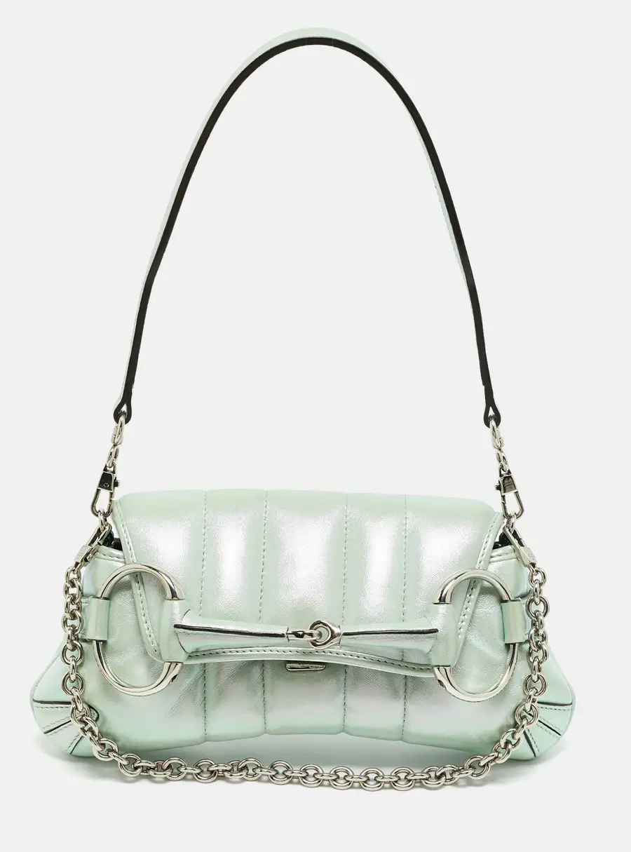 Gucci Horsebit Chain Iridescent Light Green Vertical Quilt Leather Shoulder Bag