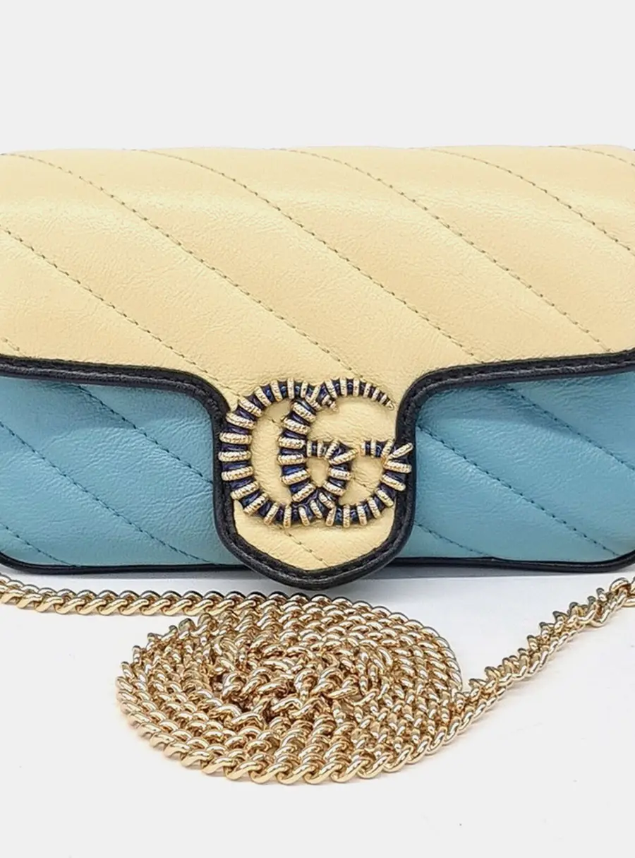 Gucci GG Marmont Beige/Blue Leather Super Mini Crossbody Bag (574969)