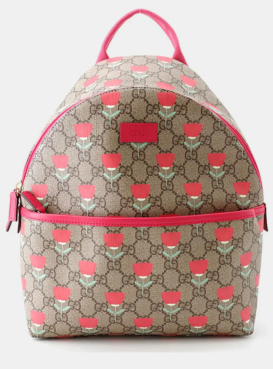 Gucci Children's Mini Tulip Print GG Supreme Canvas Beige Pink Coated Canvas Leather Backpack Bag
