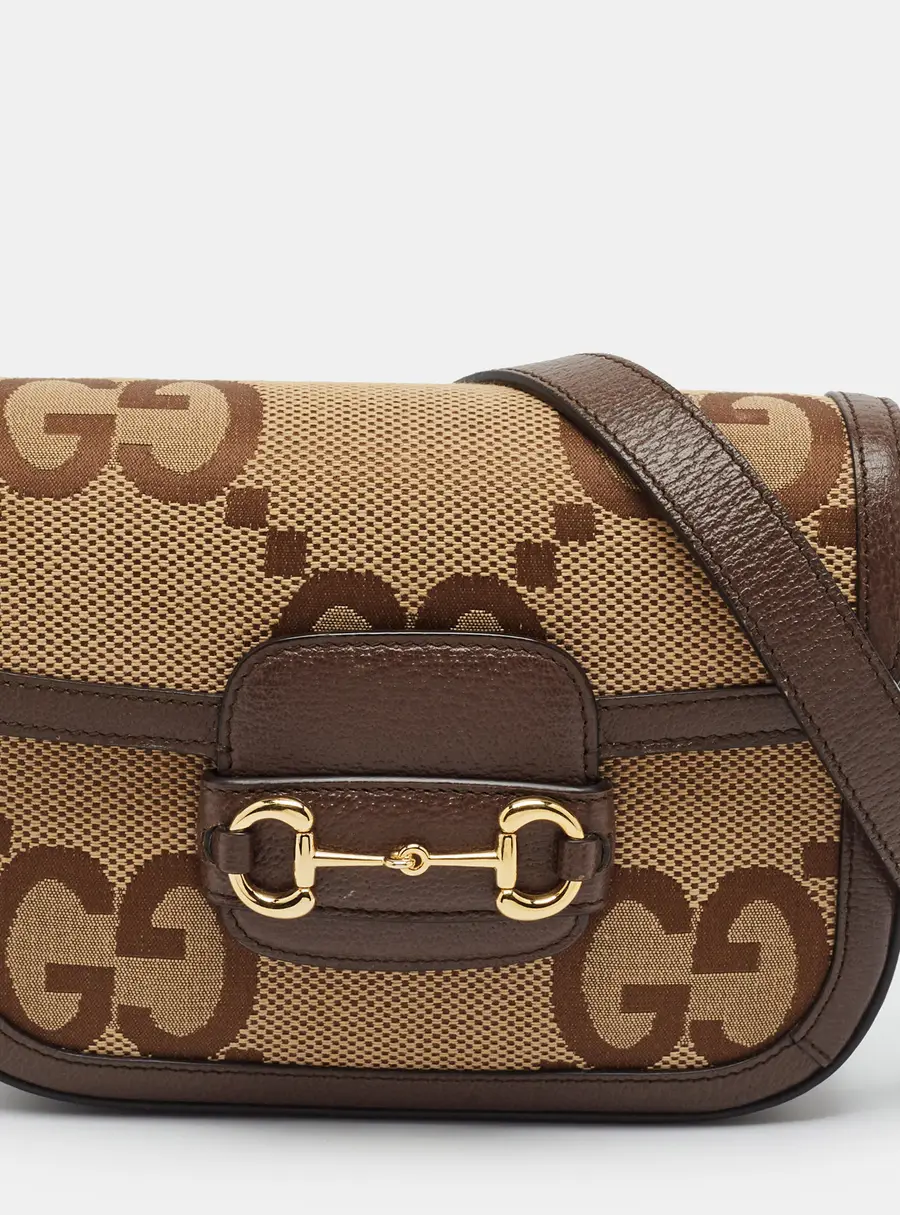 Gucci Horsebit 1955 Mini Beige/Brown Jumbo GG Canvas and Leather Shoulder Bag