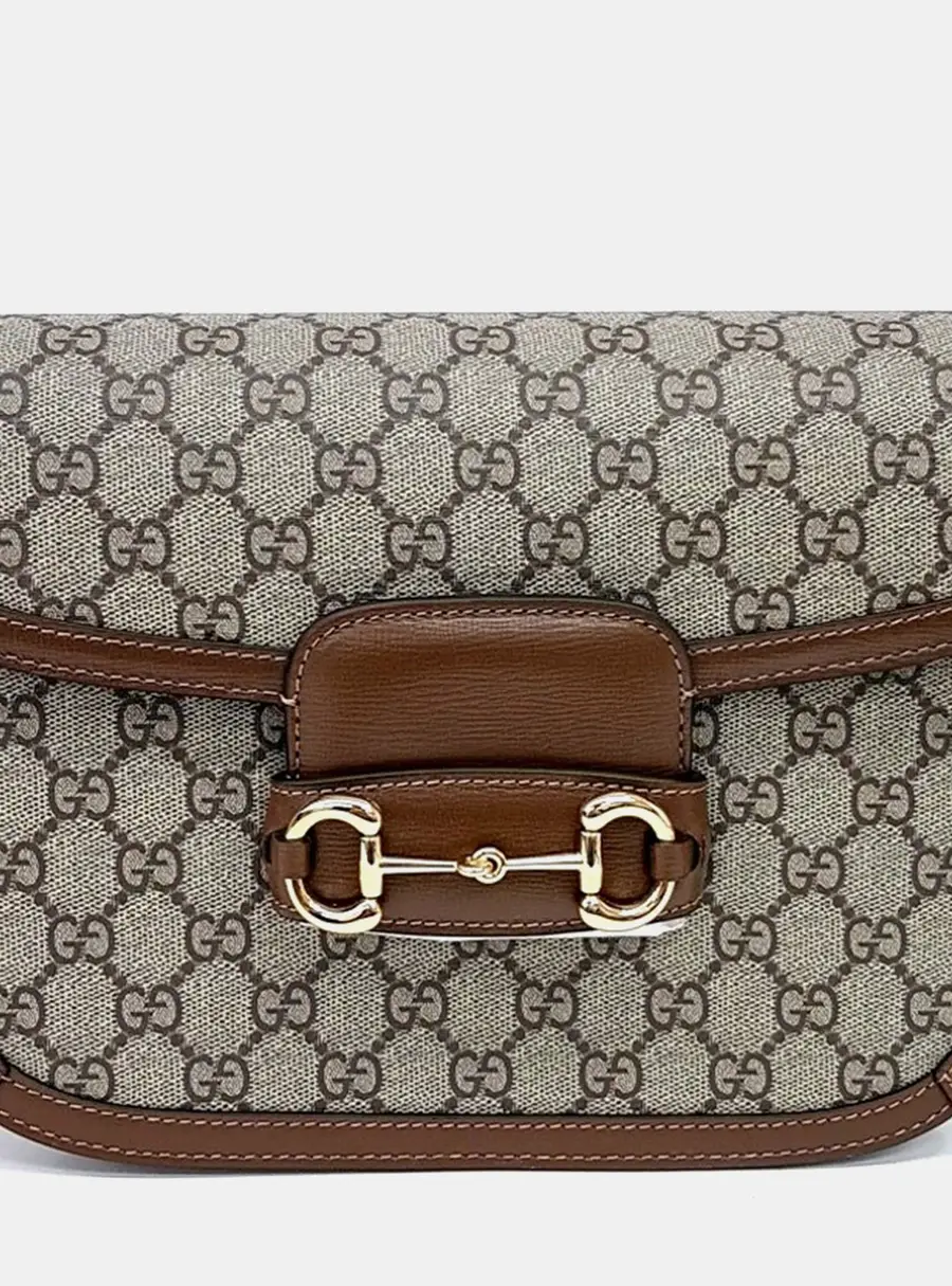 Gucci 1955 Horsebit Beige GG Monogram Canvas and Brown Leather Shoulder Bag