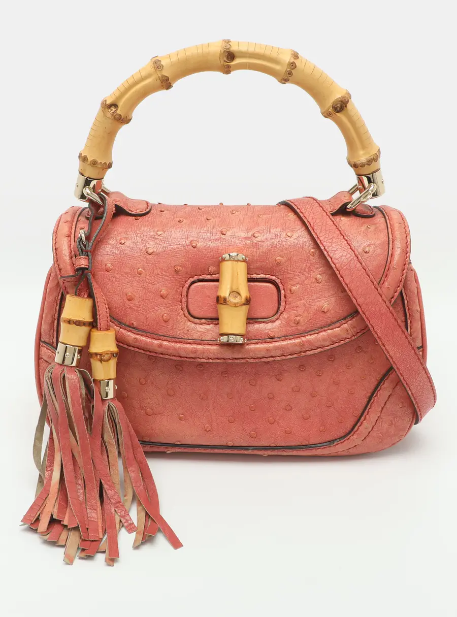 Gucci New Bamboo Medium Pink Ostrich Leather Top Handle Bag