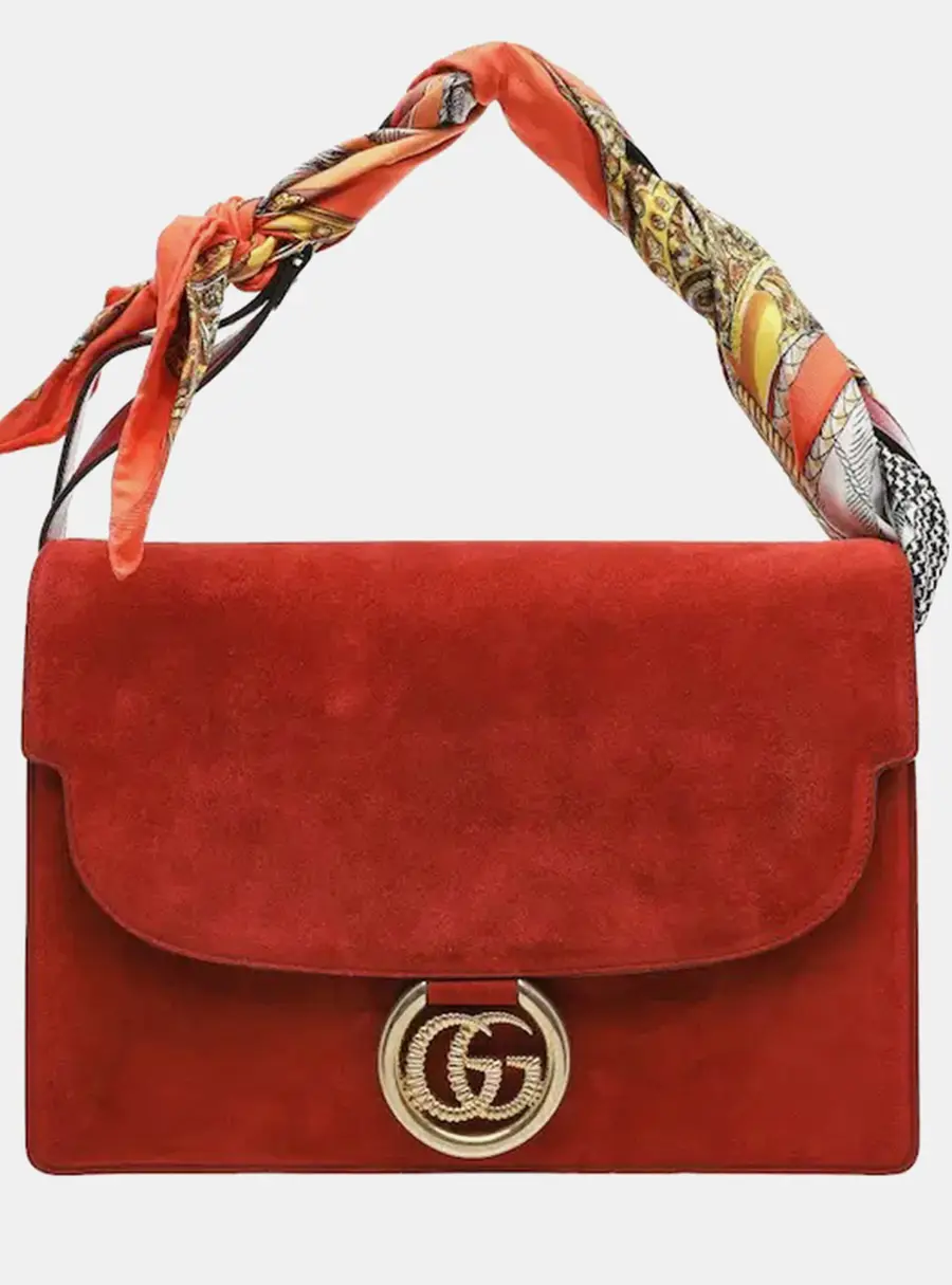 Gucci GG Ring Medium Red Suede Silk Scarf Shoulder Bag