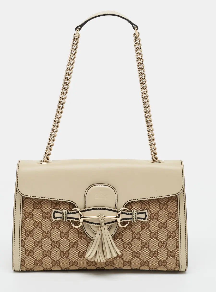 Gucci Emily Chain Medium Beige GG Canvas and Leather Shoulder Bag