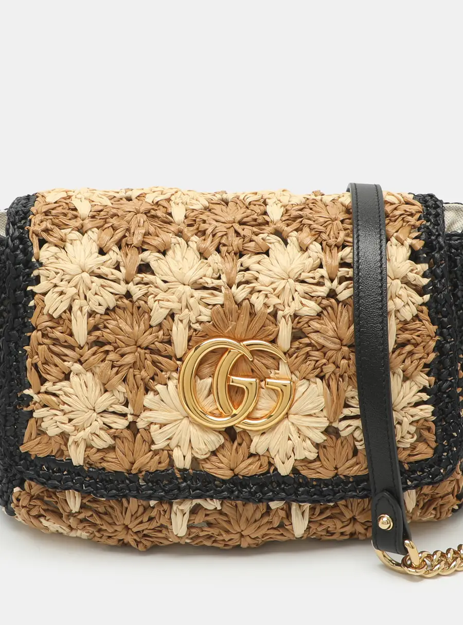 Gucci GG Marmont Multicolor Crochet Straw and Leather Shoulder Bag