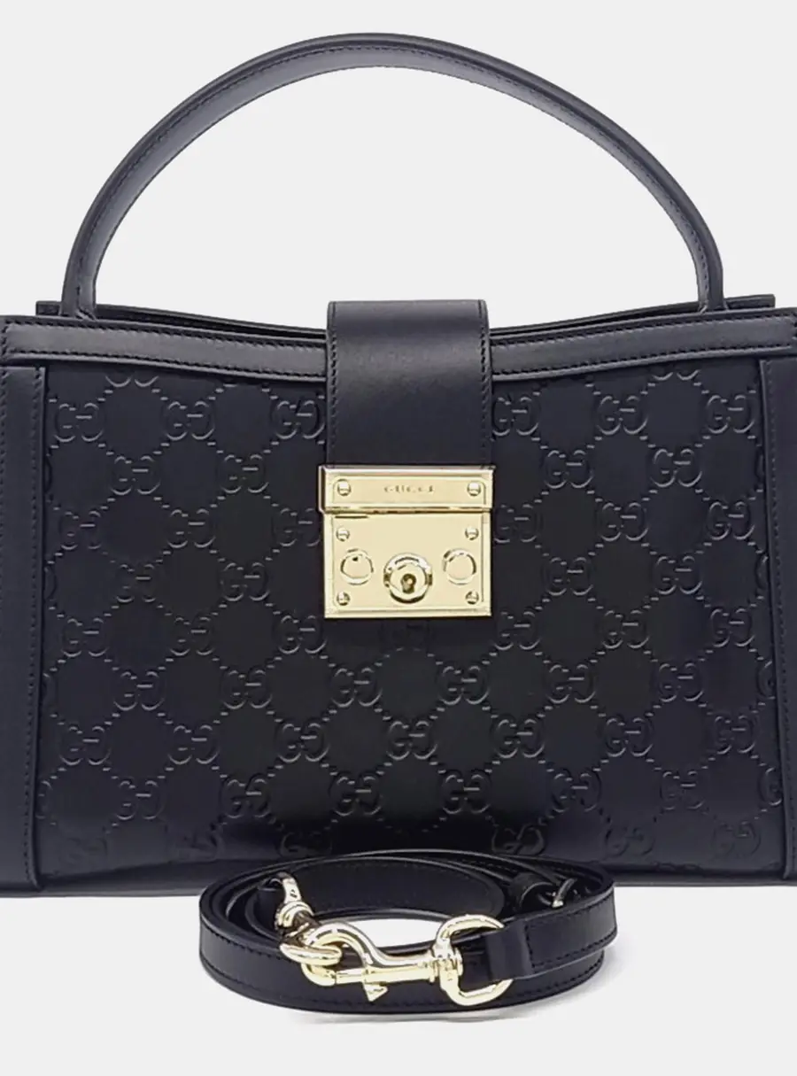 Gucci Cima Line Padlock Black Leather Medium Top Handle Bag (838992)