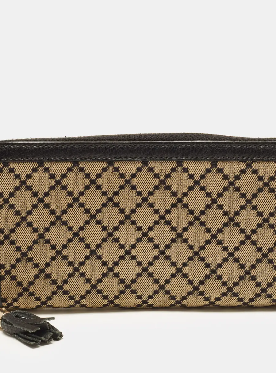 Gucci Bamboo Tassel Black/Beige Diamante Canvas Zip Around Wallet