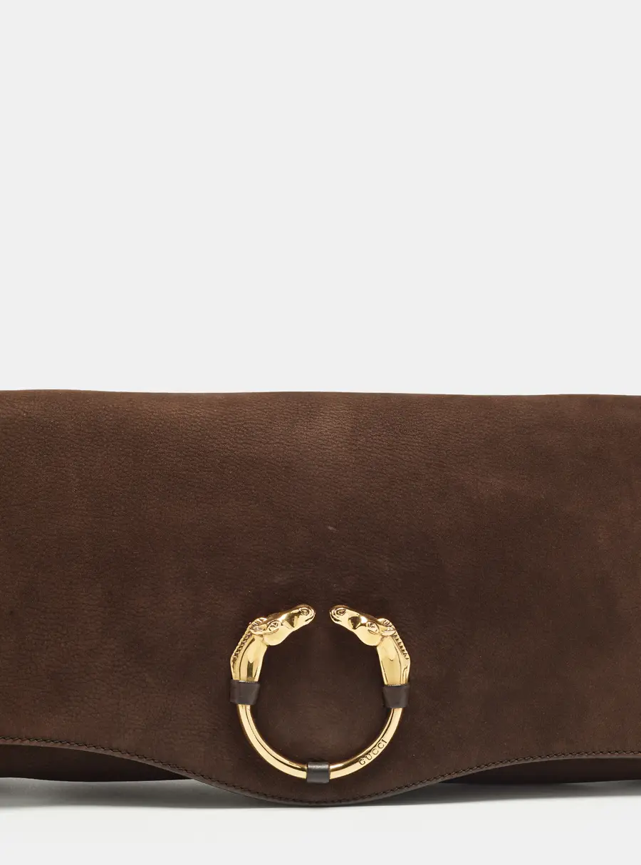 Gucci Ribot Horse Head Dark Brown Nubuck Clutch