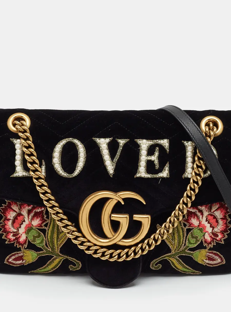 Gucci GG Marmont Love Pearls Medium Black Matelasse Velvet Shoulder Bag
