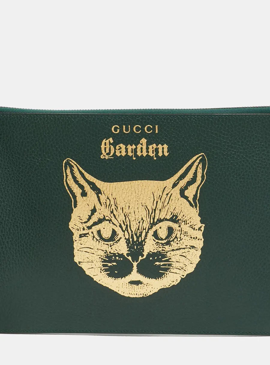 Gucci Green/Gold Leather Garden Cat Zip Pouch