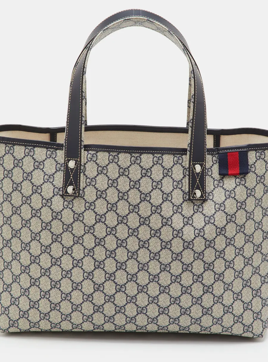 Gucci Sherry Line Beige/Navy Blue GG Supreme Canvas and Leather Tote