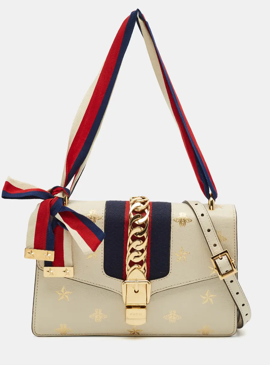 Gucci Sylvie Printed Small White Leather Shoulder Bag