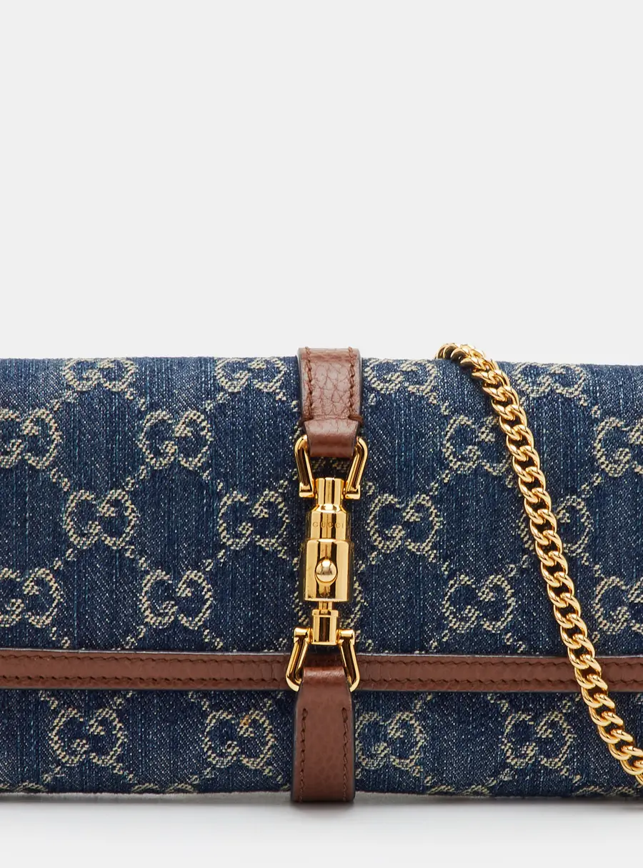 Gucci Jackie 1961 Navy Blue/Brown GG Denim and Leather Wallet On Chain