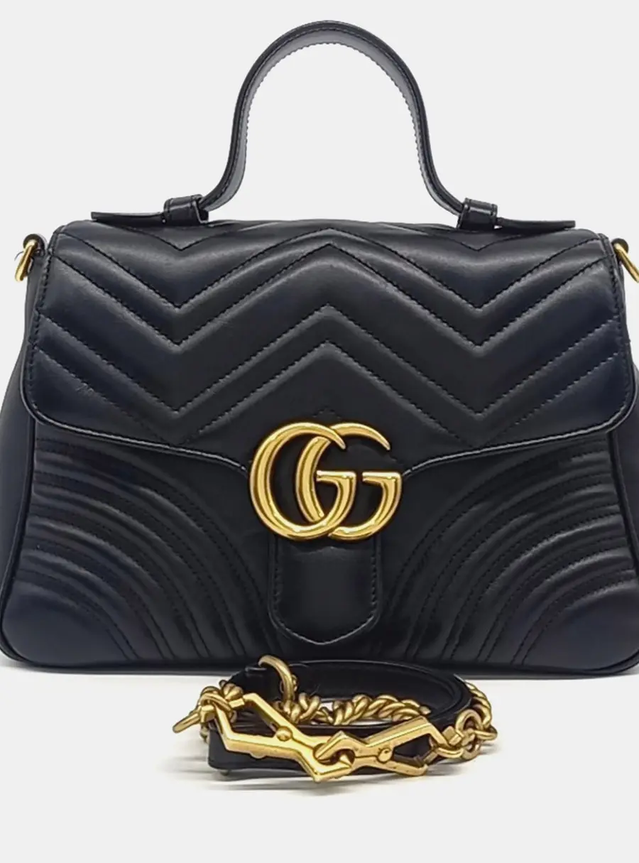 Gucci Black Leather Matelass&eacute; Marmont Top Handle Bag (498110)