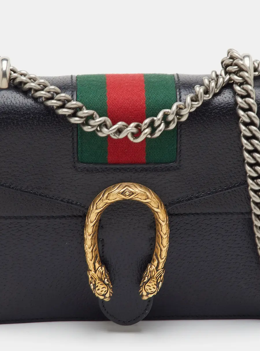 Gucci Dionysus Web Small Black Leather Chain Flap Shoulder Bag