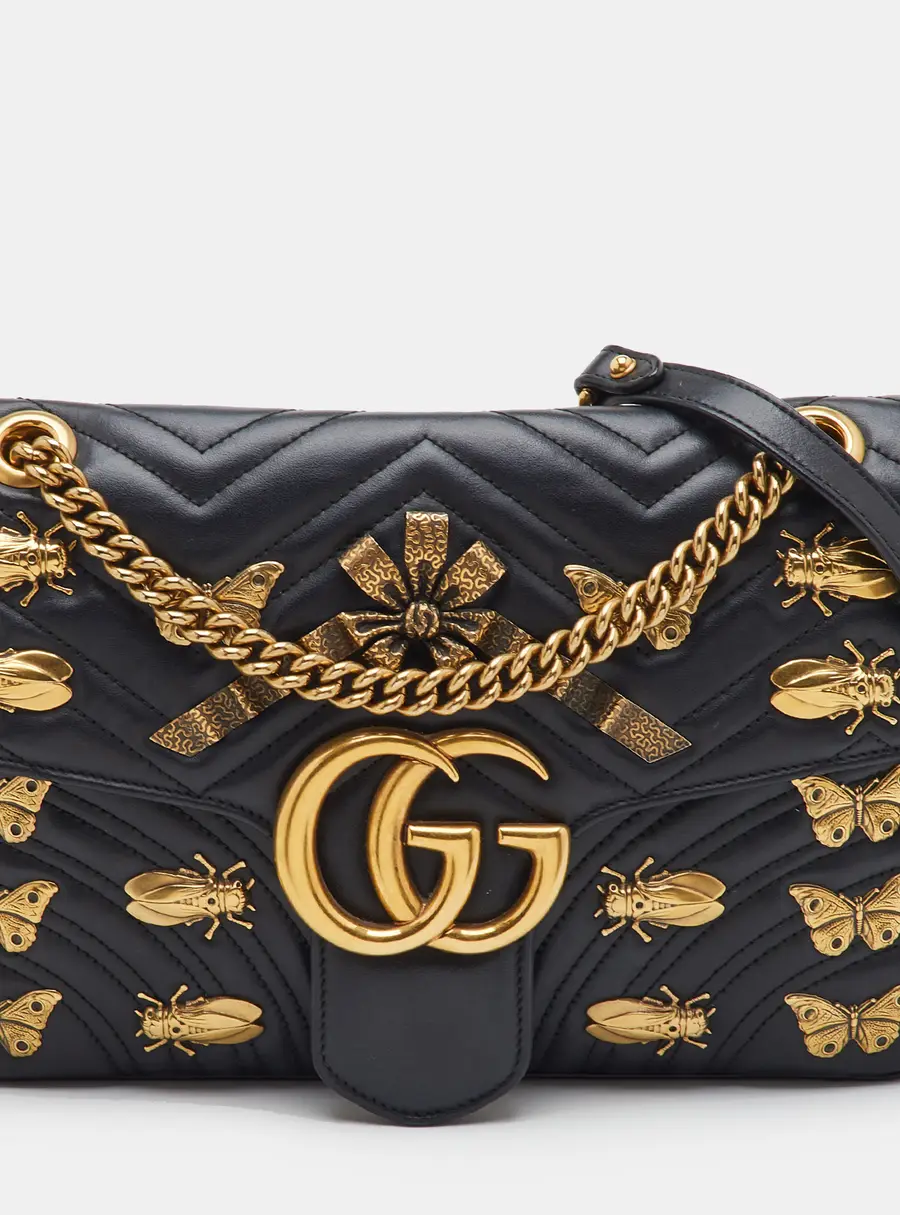 Gucci GG Marmont Medium Black Matelassé Leather Animal Studs Shoulder Bag