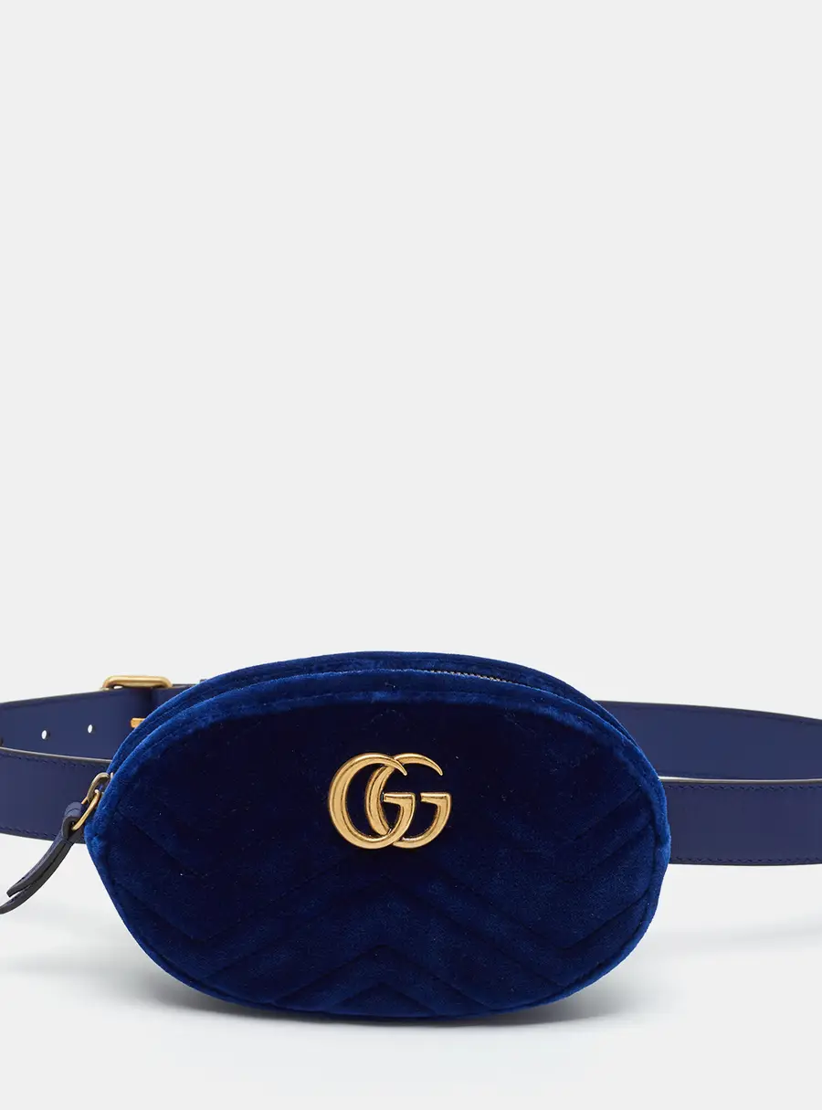 Gucci GG Marmont Blue Matelass&eacute; Velvet Belt Bag