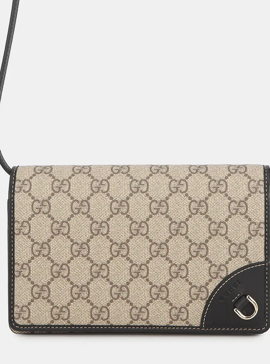 Gucci GG Emblem Wallet On Chain Beige Black PVC Leather Crossbody Bag