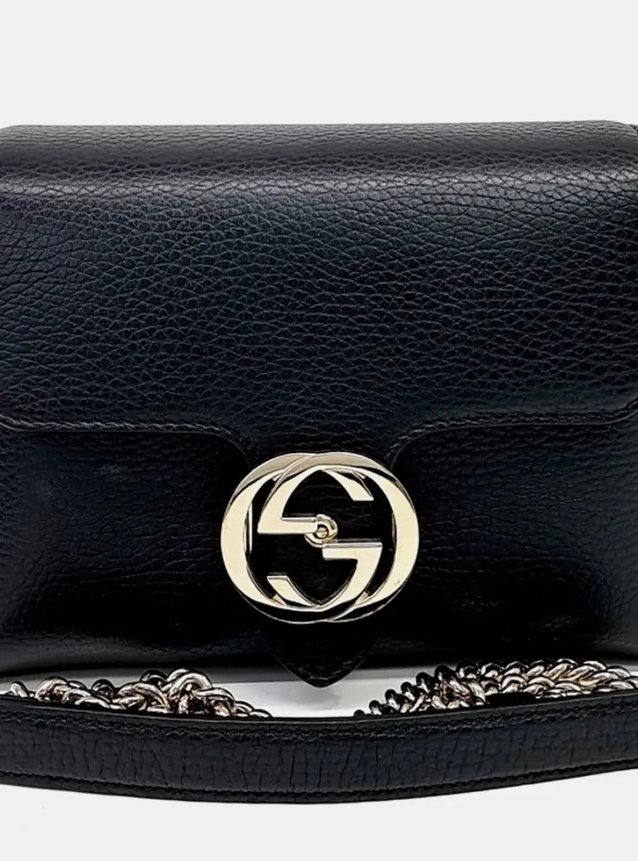 Gucci Interlocking Black Leather Chain Crossbody Bag (607720)