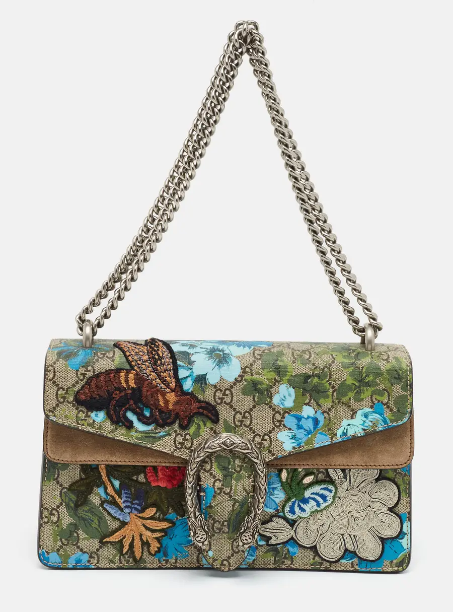 Gucci Dionysus Beige/Blue Small GG Blooms Supreme Embroidered Bird/Flowers Canvas and Suede Shoulder Bag