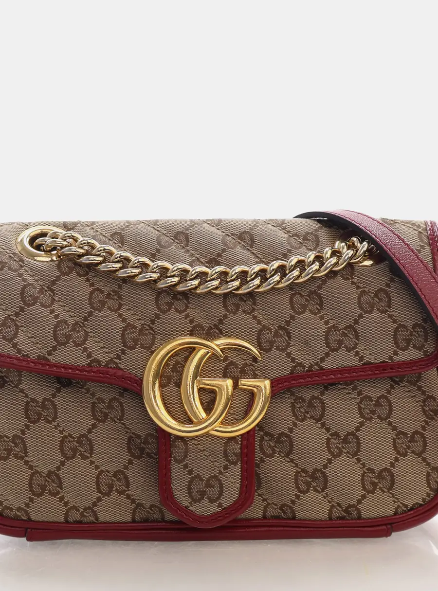 Gucci GG Marmont Small Beige Cerise GG Canvas Calfskin Leather Flap Shoulder Bag