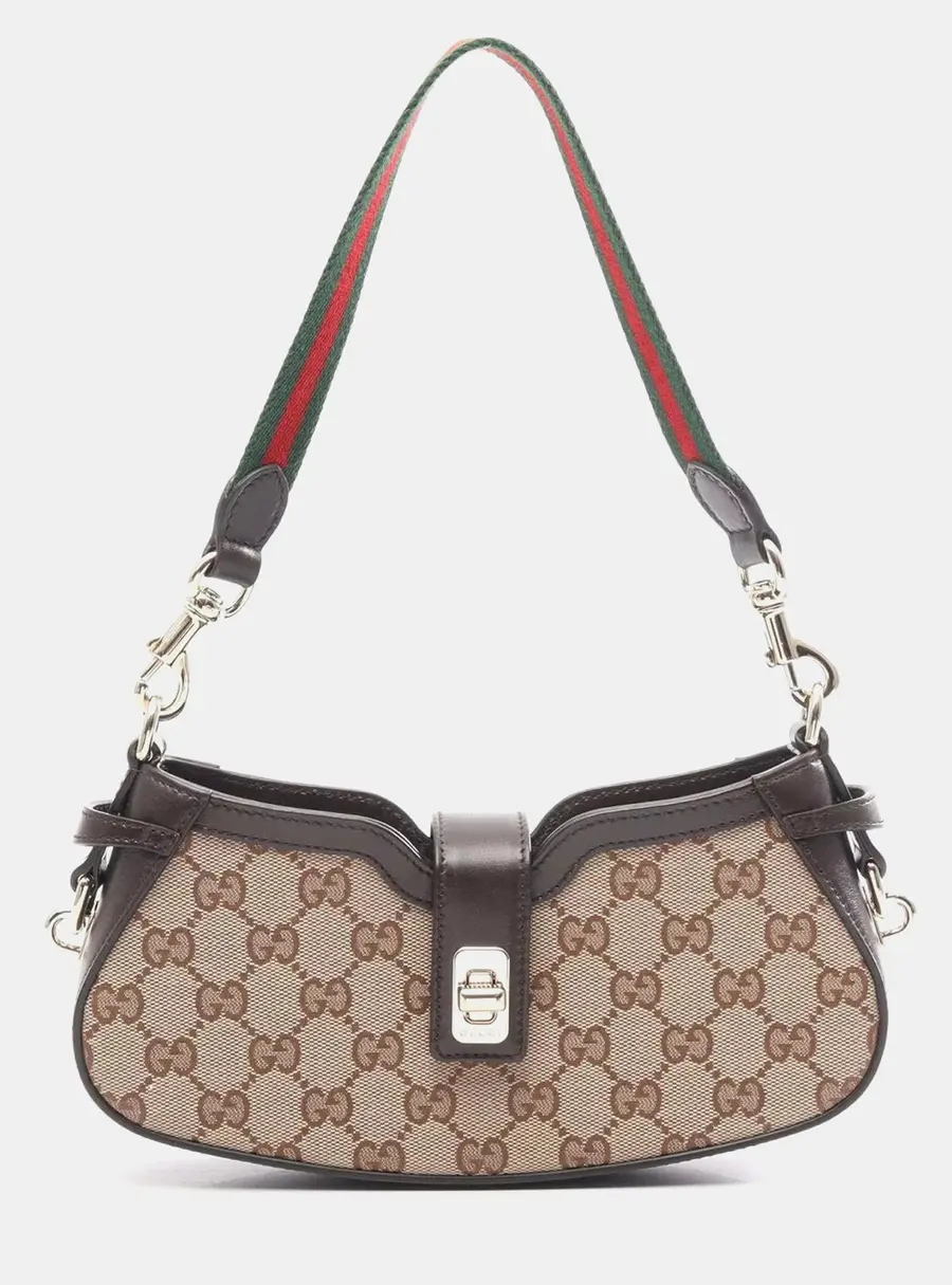 Gucci Moon Side Mini Beige GG Canvas Brown Leather Shoulder Bag
