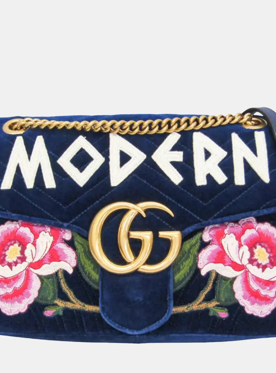 Gucci GG Marmont Medium Blue Velvet Shoulder Bag