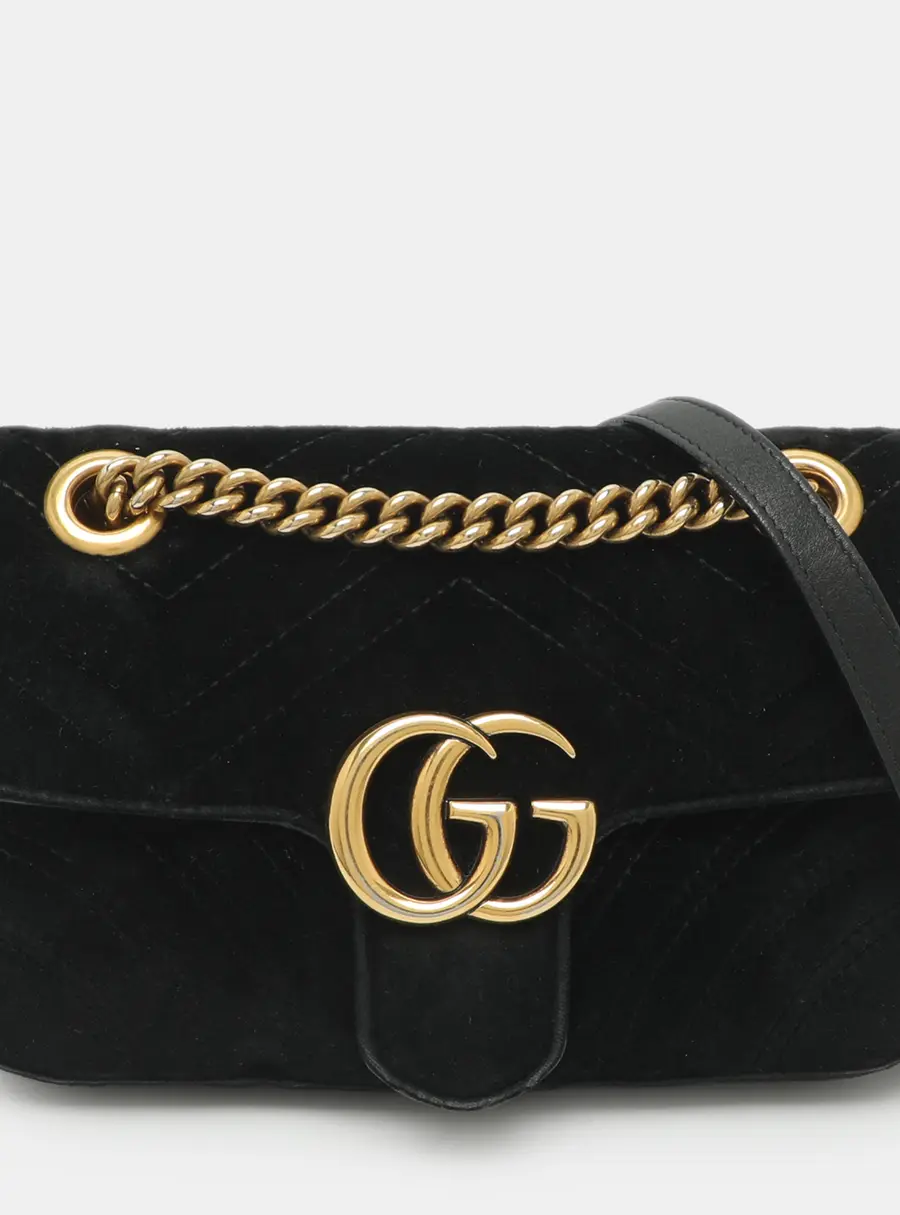 Gucci GG Marmont Small Black Matelass&eacute; Velvet Flap Shoulder Bag