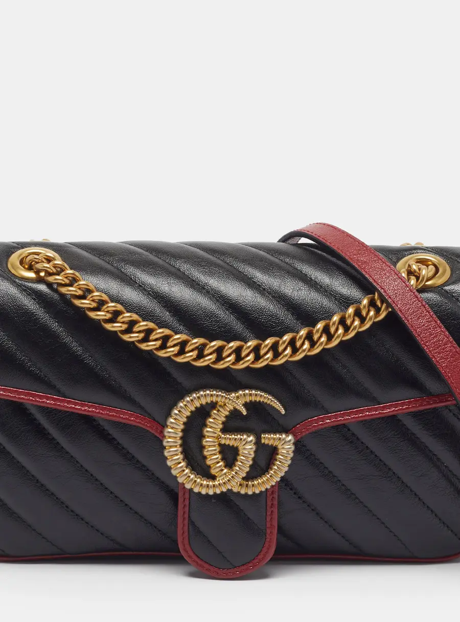 Gucci GG Marmont Torchon Flap Medium Black/Red Diagonal Quilt Leather Shoulder Bag