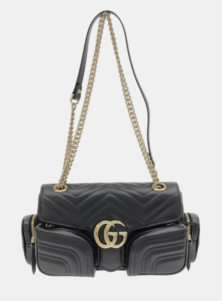 Gucci GG Marmont Small Black Matelasse Chevron Calfskin Leather Multi -Pocket Shoulder Bag
