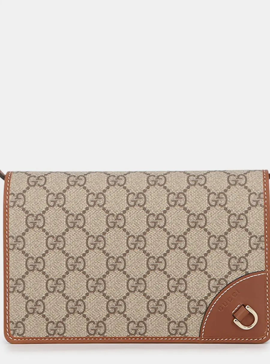 Gucci GG Emblem Wallet On Chain Small Beige Ebony GG Supreme Canvas Brown Leather Shoulder Bag