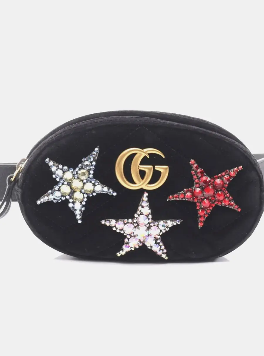 Gucci GG Marmont Velvet Crystal Star Black Waist Bag