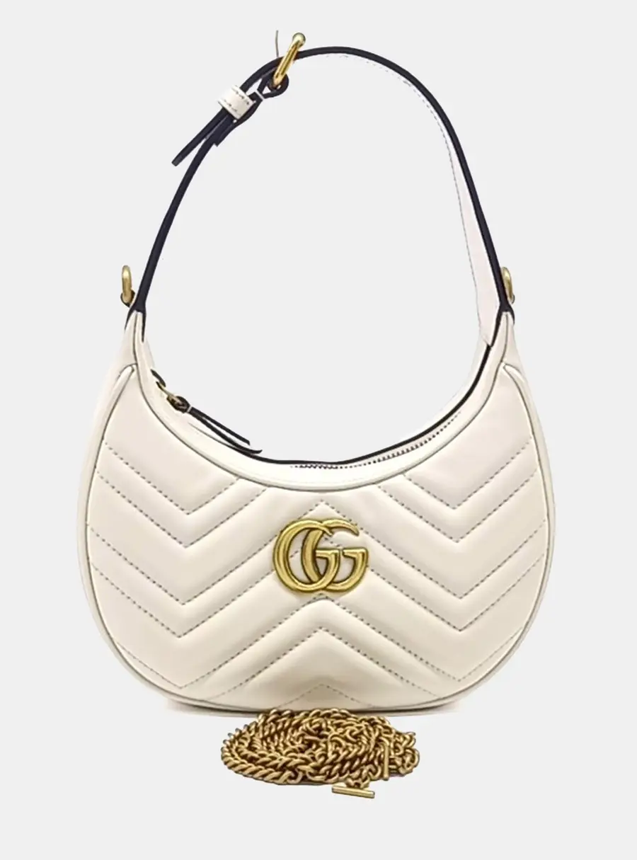 Gucci White Leather Marmont Half Moon Mini Shoulder Bag