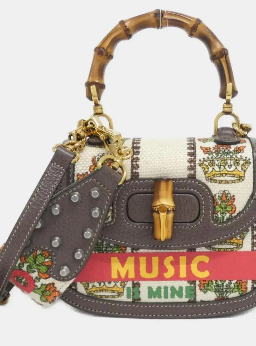 Gucci 100 Centennial Music 100th Anniversary Medium Bamboo 1947 Top Handle Bag Multicolor Canvas Leather Bag