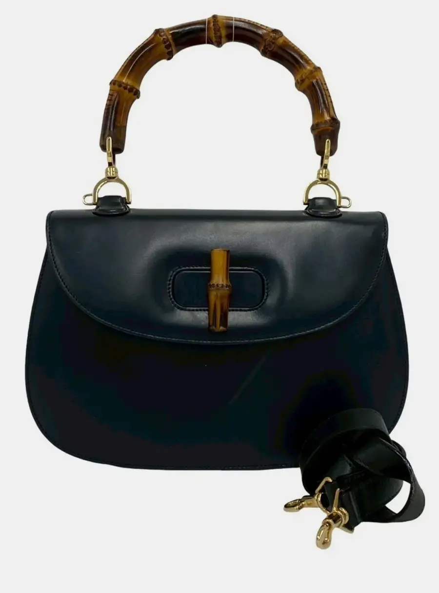Gucci Vintage Bamboo Medium Black Calfskin Leather Top Handle Bag