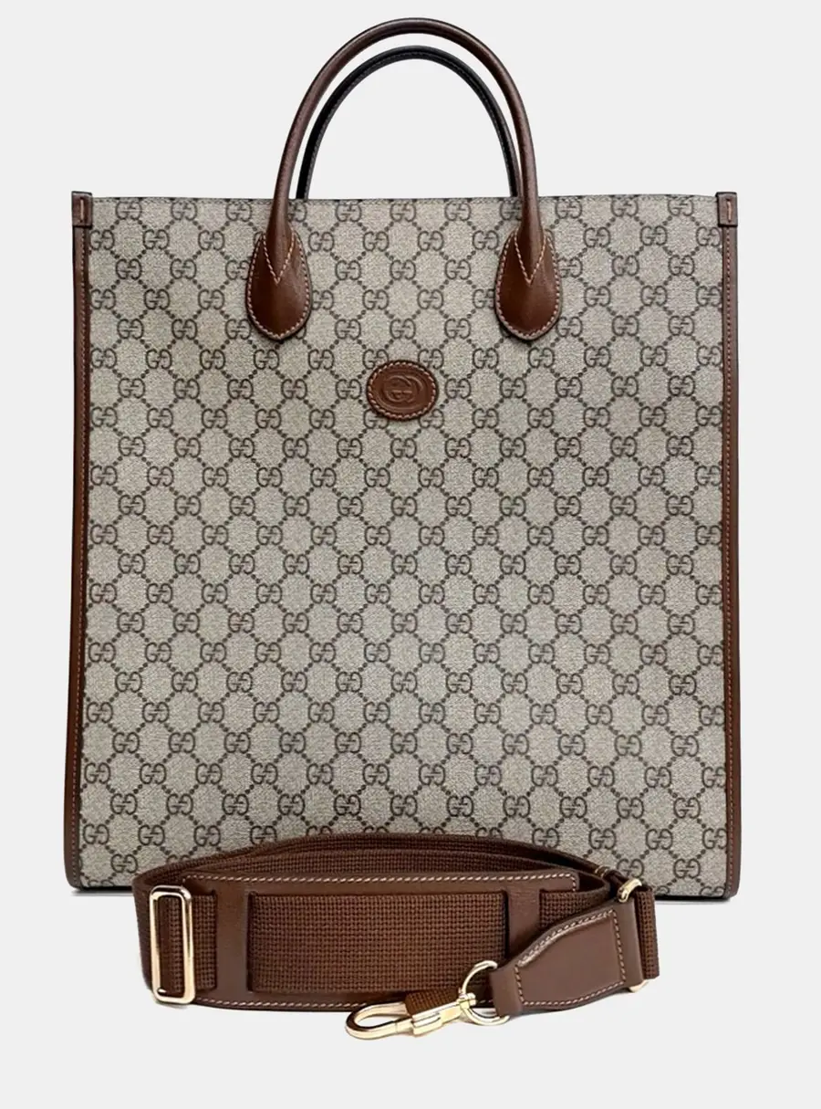 Gucci Beige Brown PVC  Interlocking G Medium Tote and Shoulder Bag (674155)
